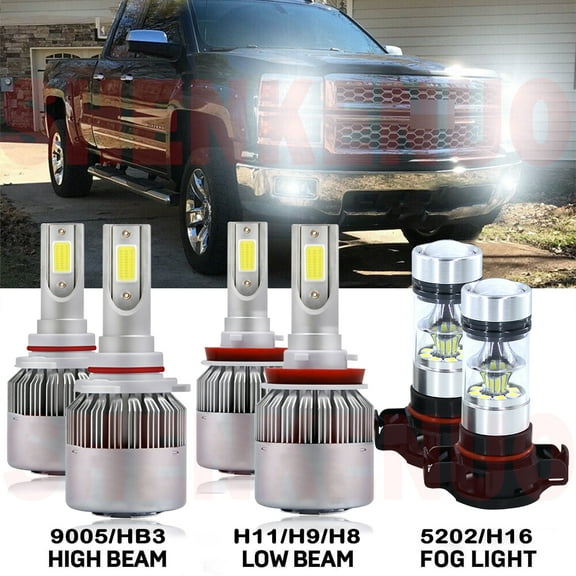 For Chevrolet Silverado 1500 2007-2015 Led Headlights 12000LM 9005 High Beam H11 Low Beam 5202 Fog Light Bulbs