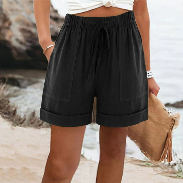 Deals Up To 70% Off AXXD Black Womens Workout Shorts Summer Loose With Pockets Wide Leg Drawstring Elastic Waist Short