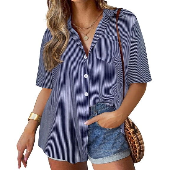 TIYOMI Plus Size Striped Shirts For Women Short Sleeve Blue Stripe Blouses Work Button Down Shirts Loose Fit Shirts Summer Loose Fit Tops XL 14W 16W