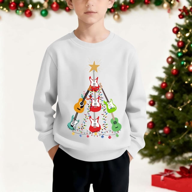 Sudadera sin capucha para niños, con estampado navideño, cuello redondo, manga larga, forro polar, para niños de talla mediana a grande, blusa de poliéster para niños.