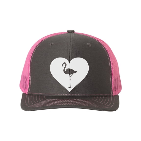 Flamingo Hat, Flamingo Heart, Flamingo Apparel, Bird Lover, Nature, Adjustable Snapback, 10 Hat Options, Gift For Her, Flamingos, White Text, Charcoal/Neon Pink