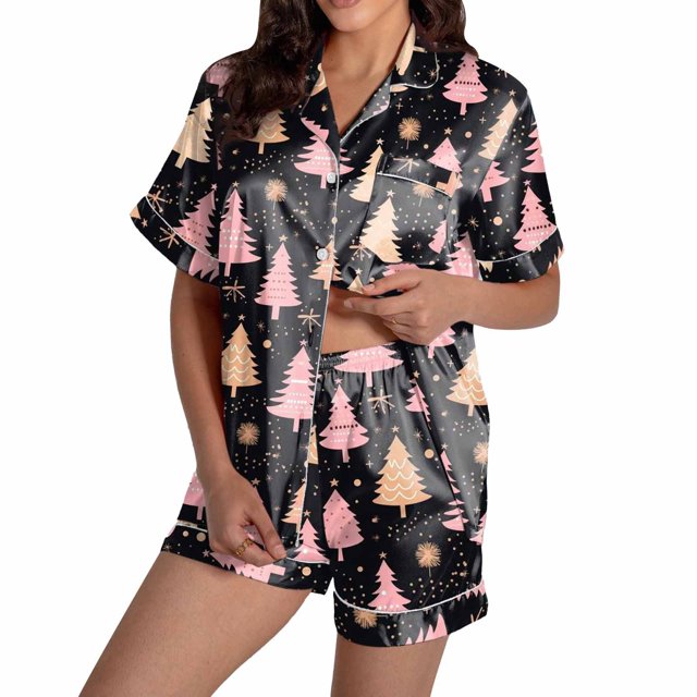 Christmas Pajamas For Women Snowflake Printed Silk Satin Short Sleeve Button Sleepwear Set 2Pc Pjs Set