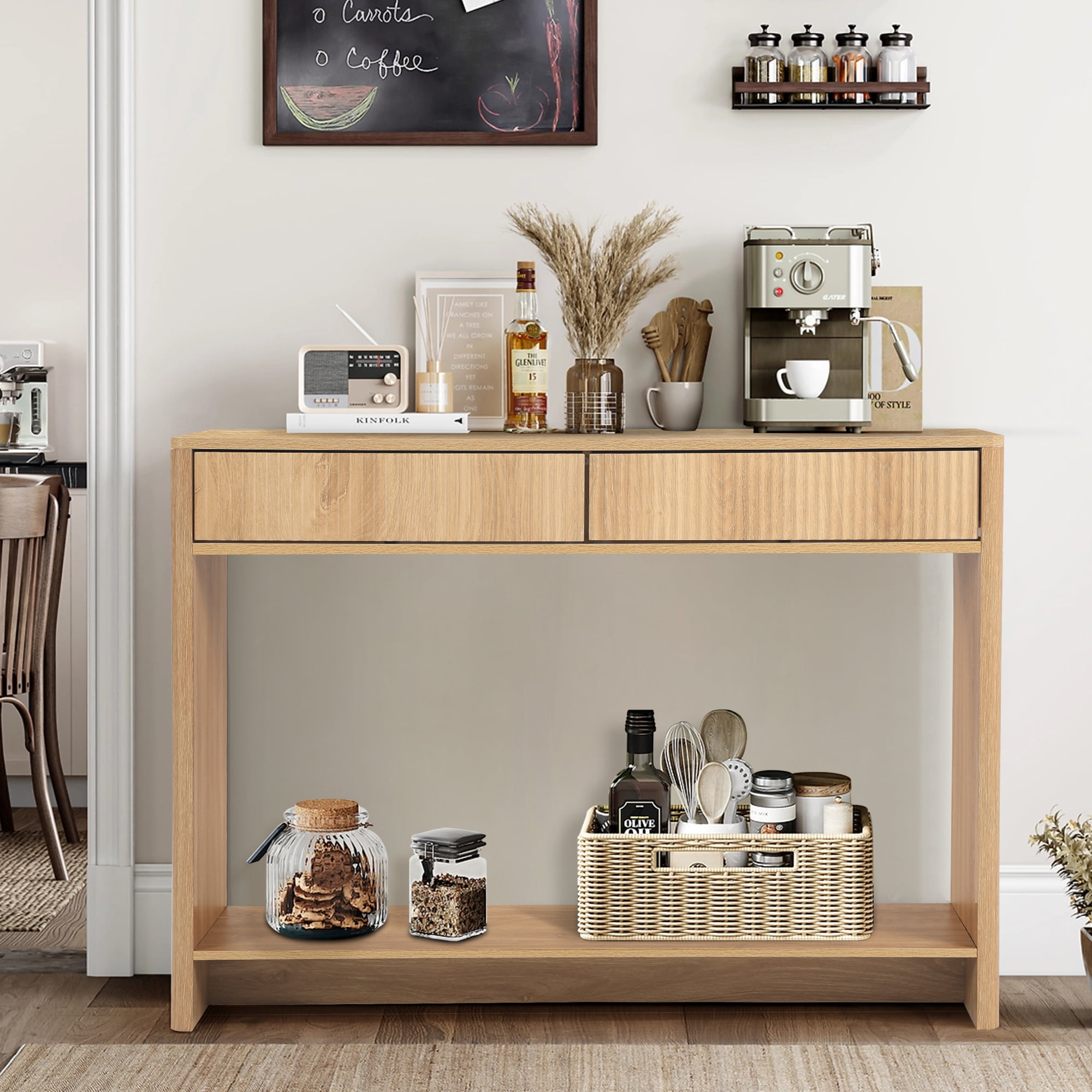 Wirrytor Narrow Console Table with Drawers and Storage Shelf, Modern Sofa Table for Living Room Entryway, Space-Saving Hallway Table Behind Couch with Solid Wood Legs