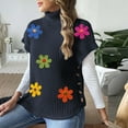 thumbnail image 5 of Sweater Vest for Women Trendy Flowers Ribbed Turtleneck Loose Knit Pullover Outerwear with Side Buttons (One Size, Navy), 5 of 6