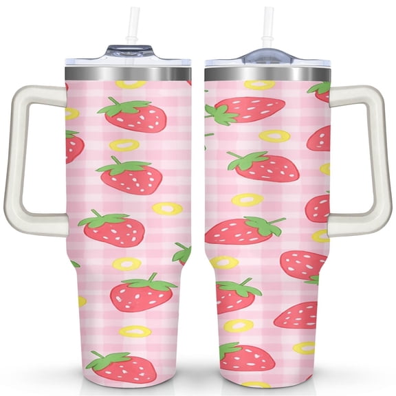Strawberry 40 Oz Tumbler with Handle Lid and Straw, Stainless Steel Double Walled Vacuum Insulated Cup, Cute Anniversary Wedding Birthday Gifts Tumbler for Women Men Friends Outdoor Indoor