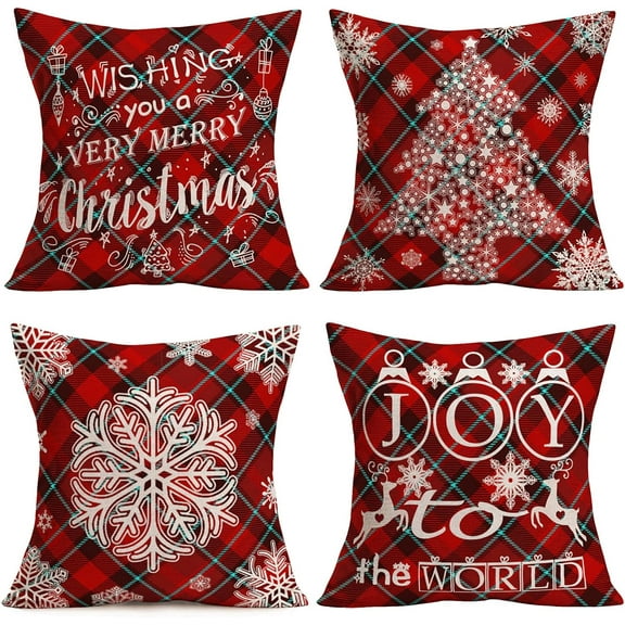 Red Christmas Pillow Covers 16x16 Inch Set of 4 Buffalo Plaid Pillow Covers Christmas Tree Snowflake Blessing Pillow Case for Sofa Couch Xmas Decoration Throw Pillow Cover (RXM Set)