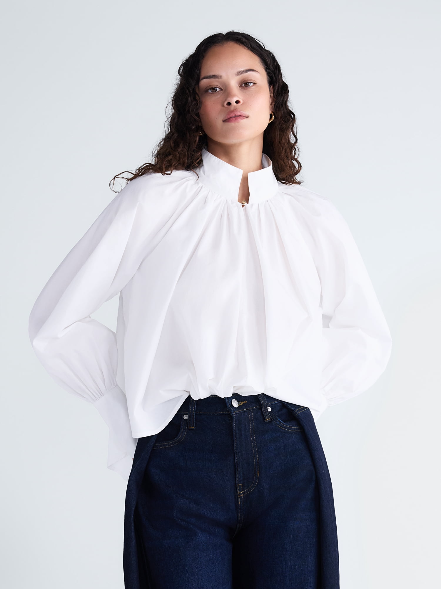 Scoop Women's and Women's Plus Flowy Volume Cotton Blouse, Sizes