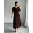 thumbnail image 5 of Brown Chiffon Wrap Dress With V-Neck, Puffed Sleeves, Cinched Waist And Pearl Button Detail, 5 of 5