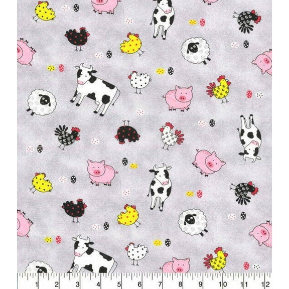Farm Animals Gray Cotton Fabric
