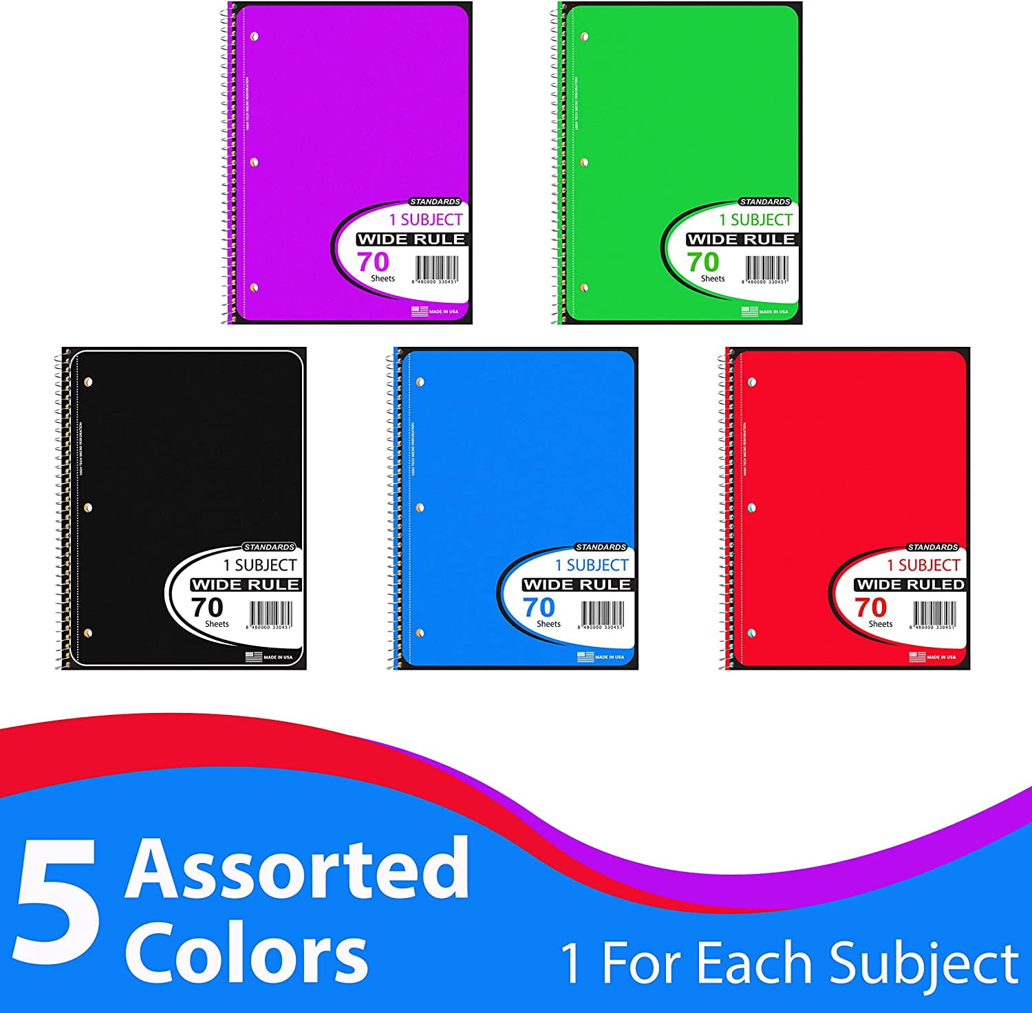 VEEBOOST 5 Color Assortment Ruled Spiral Notebook, 48