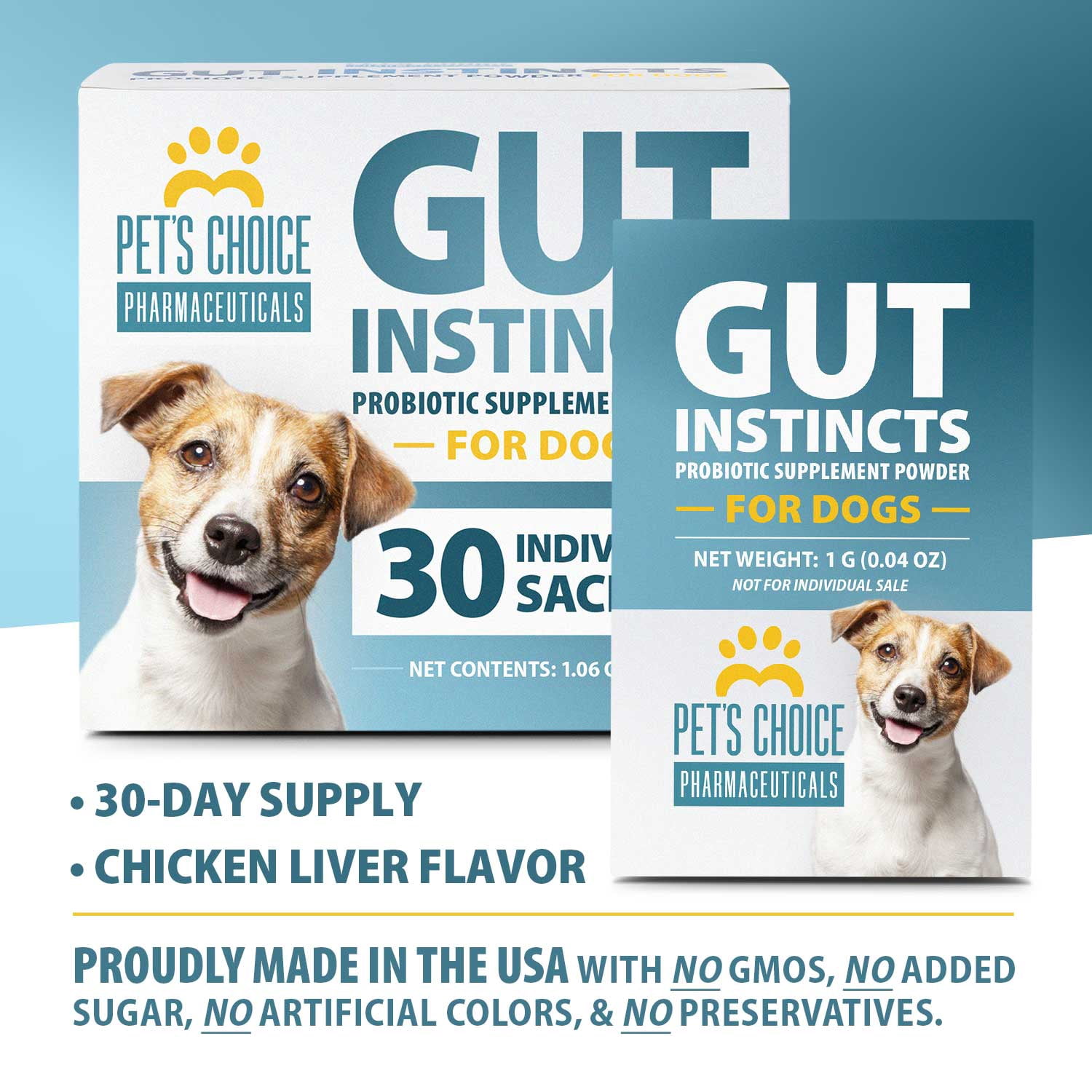 Pet's Choice Gut Instincts Probiotic Supplement Powder Packets for Dogs, 30 ct, Veterinary Formulated Dog Probiotics with Vitamins for Gut Health, Digestive Balance, Diarrhea Support, Chicken Flavor