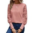 thumbnail image 2 of Women'S Solid Color Long Sleeve Embroidered Lace Stitching Waffle Round Neck Top Pink L, 2 of 8