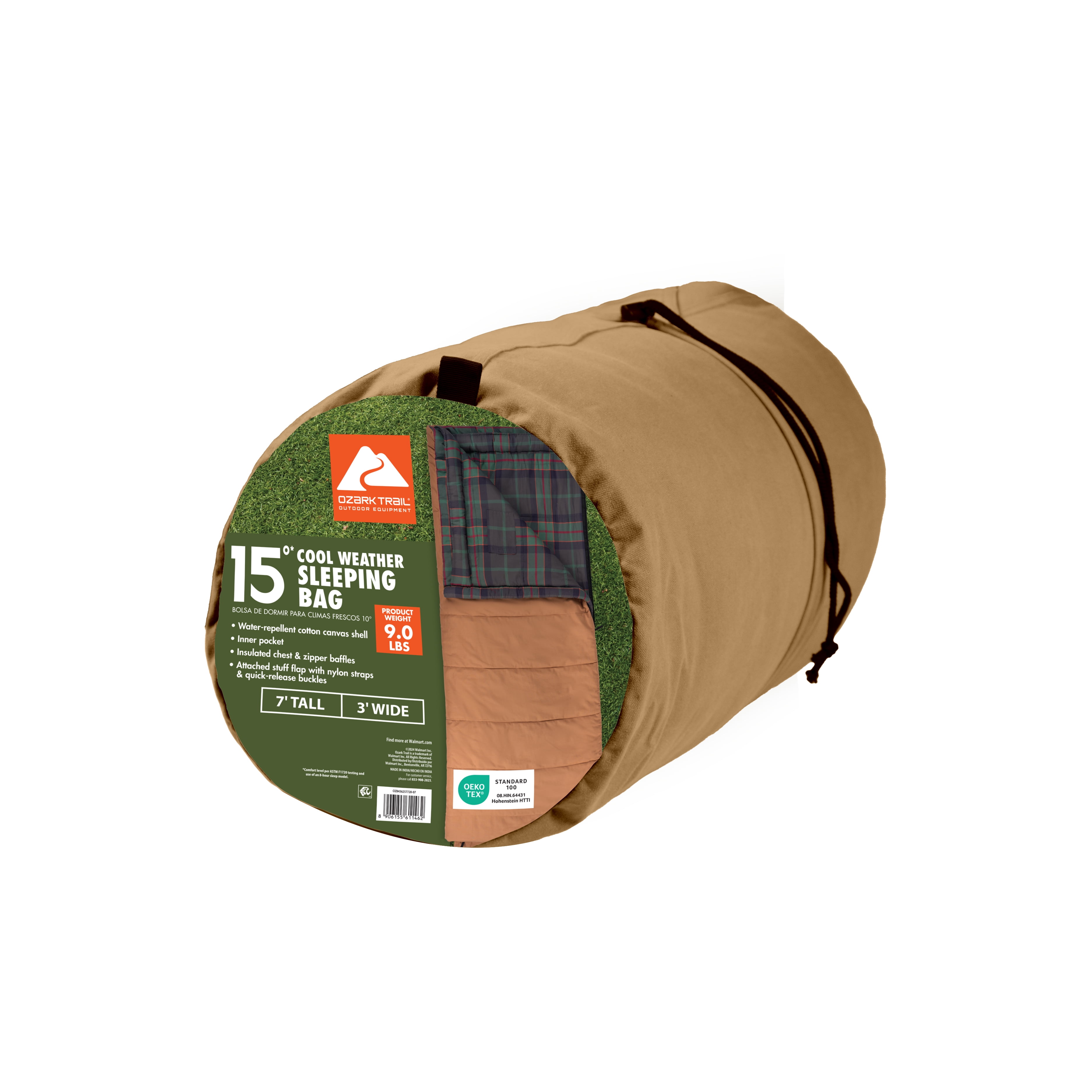 Ozark Trail 15 Degree Cold Weather Rectangle Canvas Sleeping Bag, 84”x36”, Tan