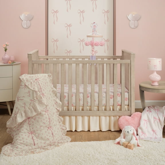 Lambs & Ivy Coquette Floral Pink Bows Aesthetic 3-Piece Baby Crib Bedding Set