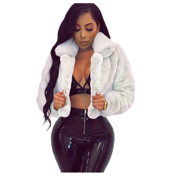 YDFCWXW Women Solid Color Long Sleeve Shaggy Lapel Short Jacket Outwear Warm Winter White, XL