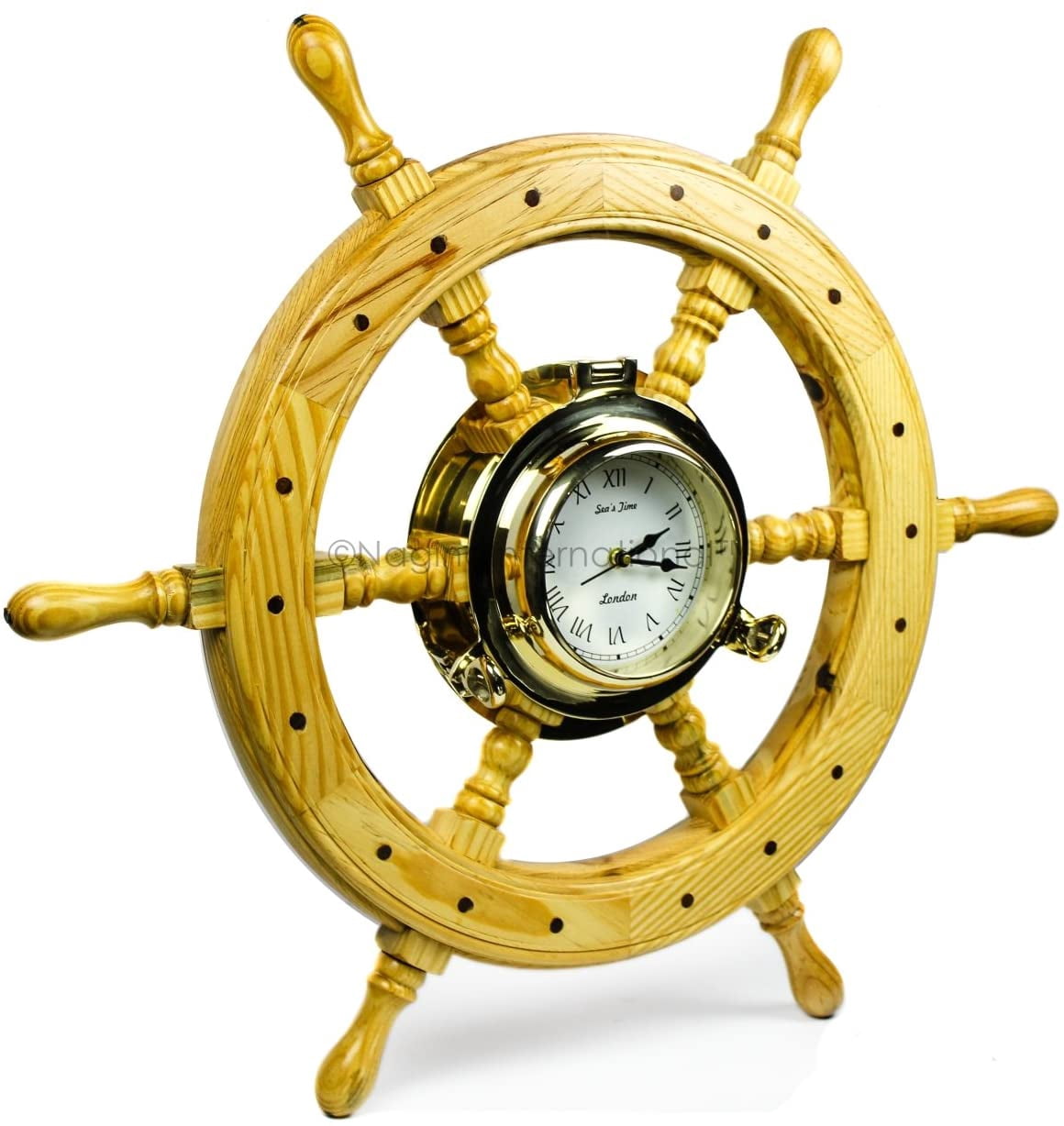 Wooden Ship Wheel (Pine Wood) Jhanjhat Porthole Clock Mounted (White Roman Dial) (24 Inches