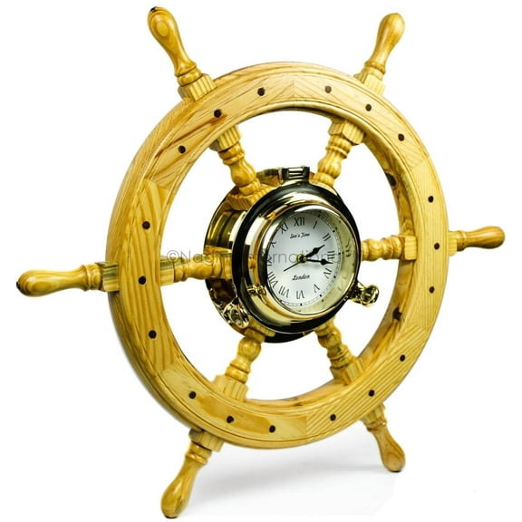 Nagina International Premium Nautical Luxurious Elegant Pine Maritime Crafted Brass Porthole Clock Ship Wheel with Large Roman Dial Face | Sailor's Nursery Birthday Gift (42 Inches)