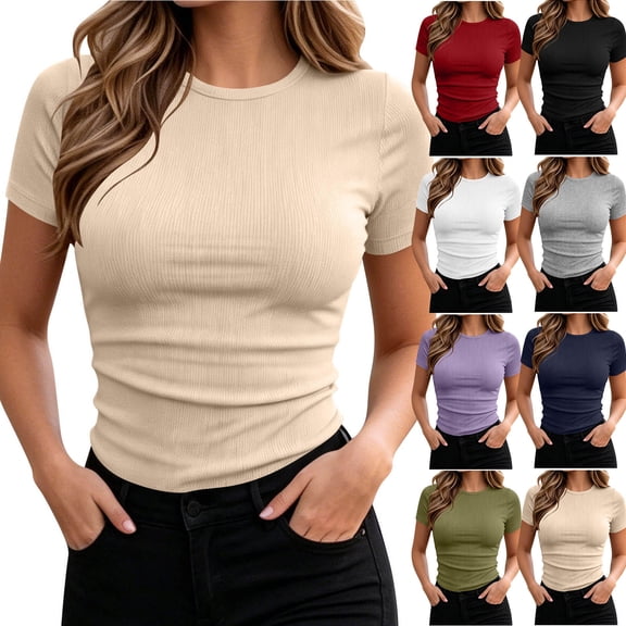 ClodeEU Women's Crew Neck Ribbed Short Sleeve T-Shirt,Casual Slim Fit Tee Army Green,Women's Plus L