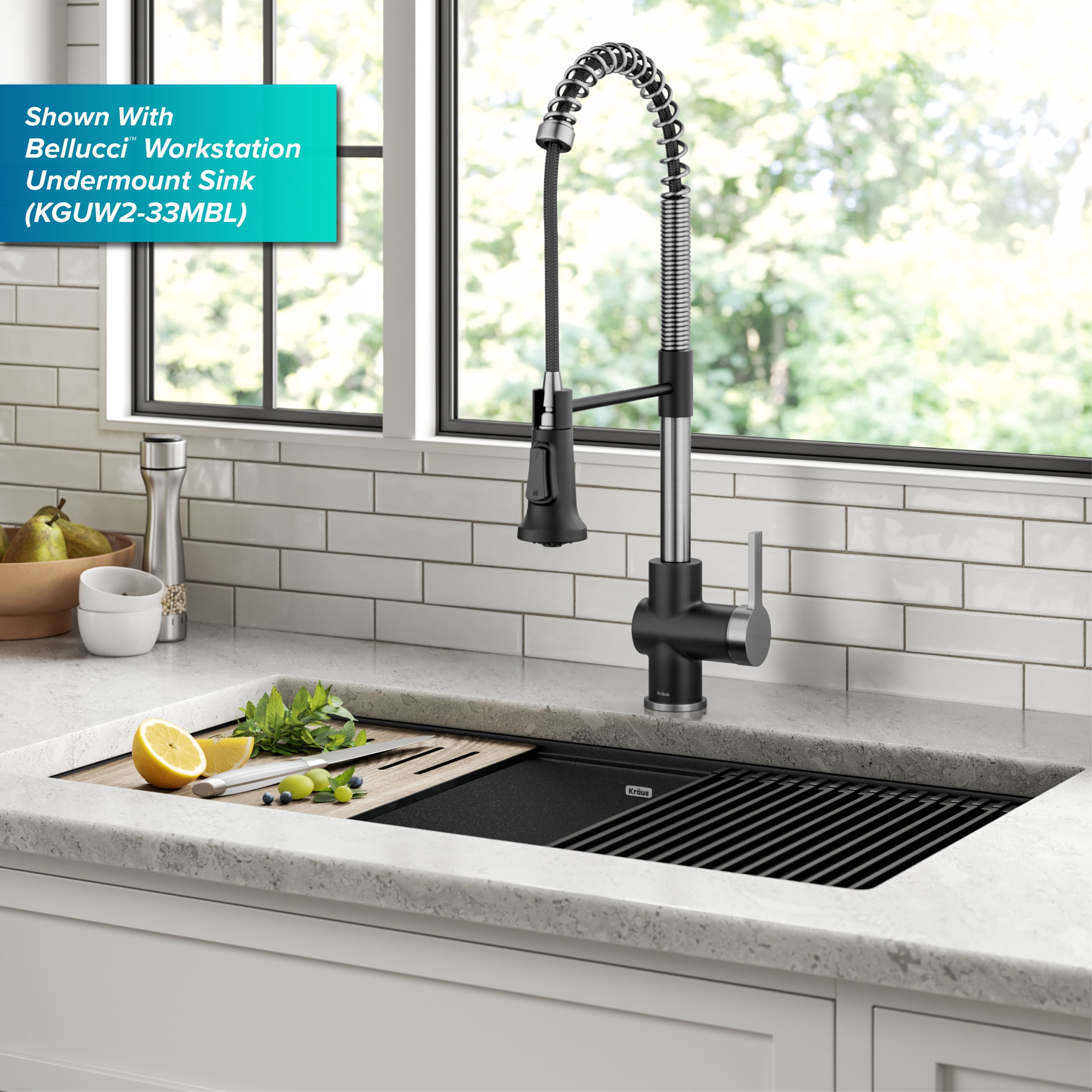 KRAUS Britt Commercial Style Pull-Down Single Handle Kitchen Faucet in Spot-Free Stainless Steel/Matte Black