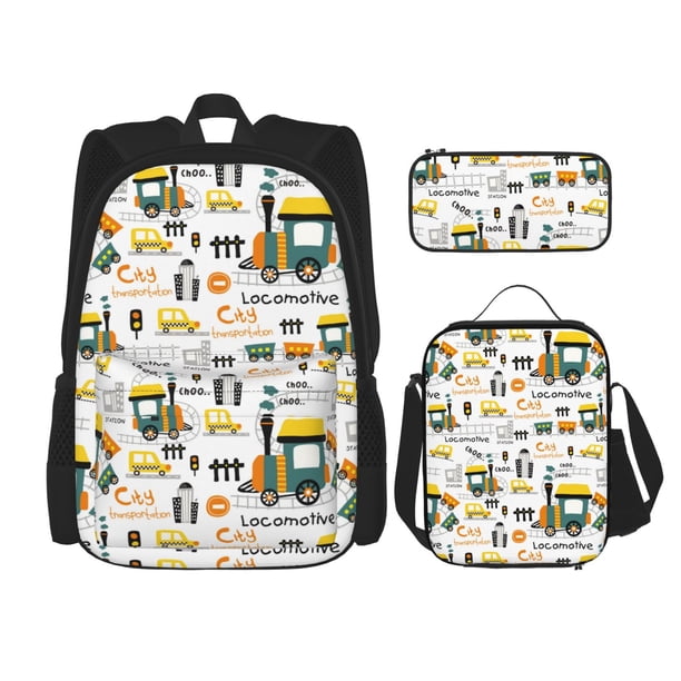 Fotbe Transportation Cartoon Set Escolar 3 en 1 para Niños - Mochila Duradera con Lonchera Aislante y Estuche para Lápices - Mochila Escolar para Niños y Niñas