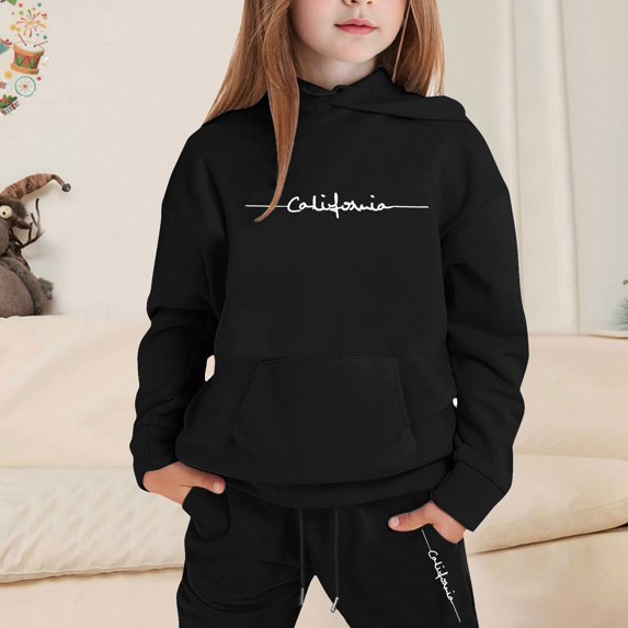 GobdXE Kids 2 Piece Fall Winter Long Sleeve Hoodie and Drawstring Long Jogger Pants Handwritten California Signature Print Tracksuit Set 5-6 Years,Black