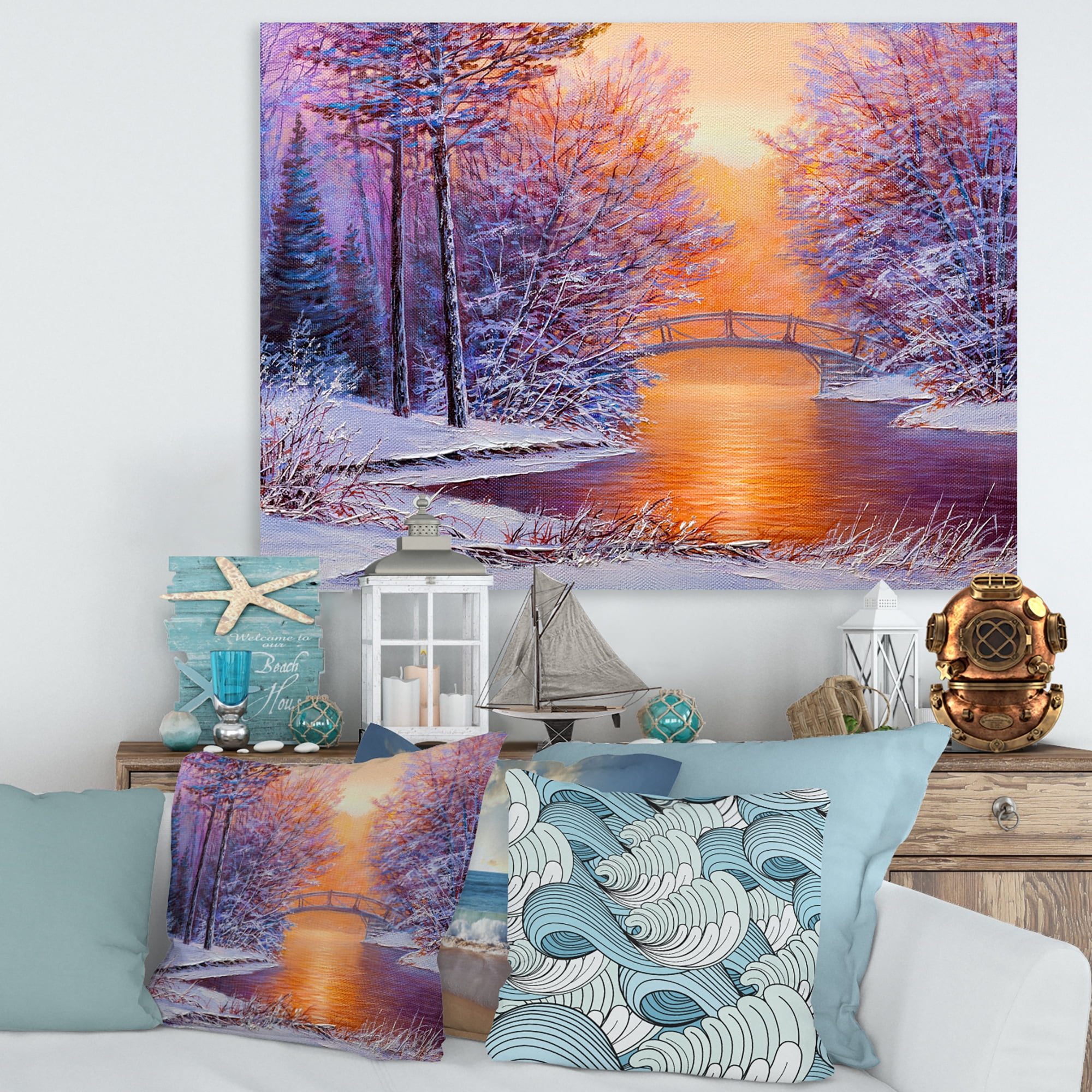 Designart ' Winter Landscape With Bridge Over The River ' Traditional Canvas Wall Art Print
