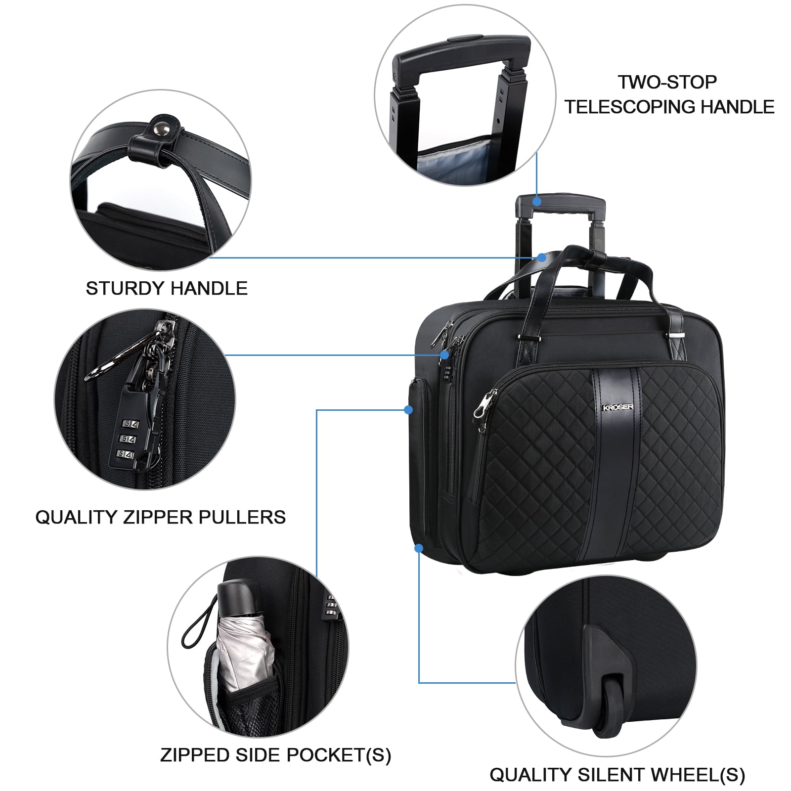 KROSER Rolling Laptop Briefcase, 15.6 Inch Fabric Laptop Bag, Black