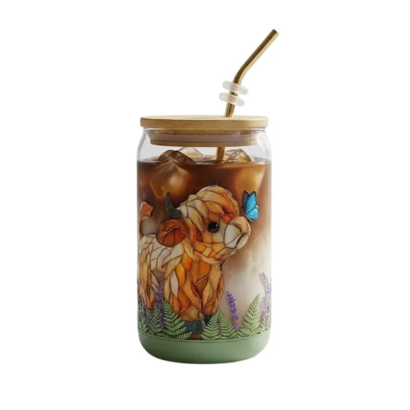 PURJKPU Scottish Cow Iced Coffee Glass Tumbler, 6.02×2.95in, Clear/Green, Leak-Resistant with Bamboo Lid & Metal Straw for Travel & Gifting