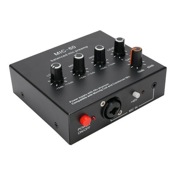 60dB Gain Mic Pre Amp with 48V Power Supply, 3.5mm/6.35mm XLR Inputs, Balanced Circuit Design, for Recording, Mixing, Live Streaming