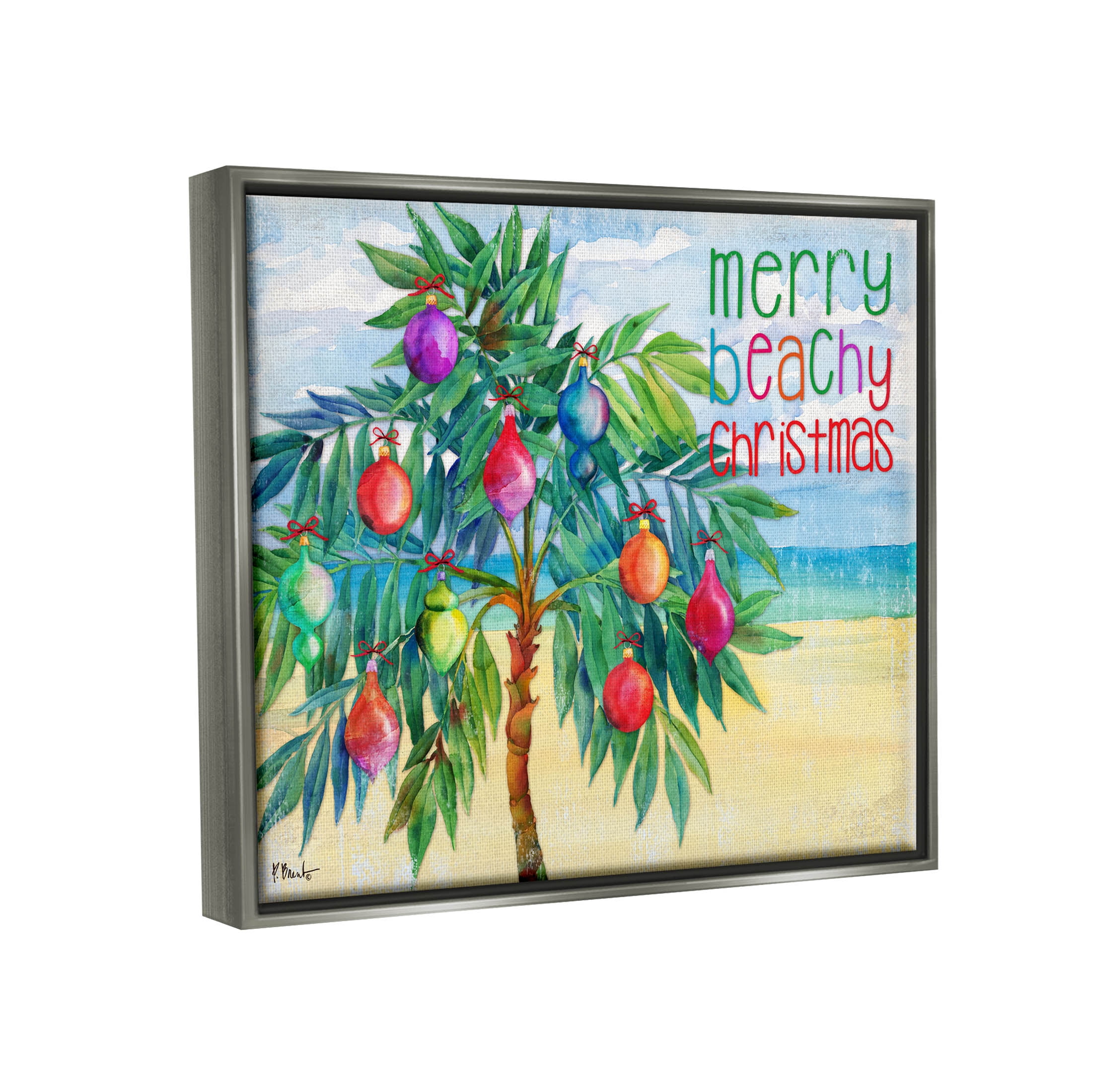 Stupell Industries Merry Beachy Christmas Holiday Palm Graphic Art Luster Gray Floating Framed Canvas Print Wall Art, Design by Paul Brent
