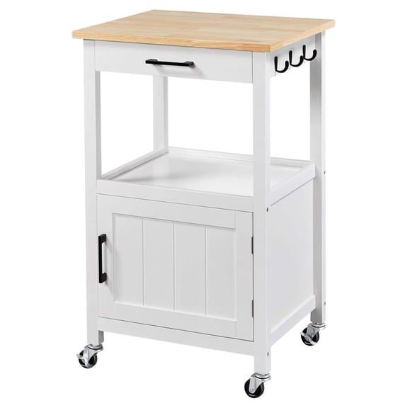 Sunshen Kitchen Island Cart with Storage, Rolling Kitchen Island on Wheels with 6 Side Hooks, Wood Top Microwave Cart with Drawer for Dining Room, White
