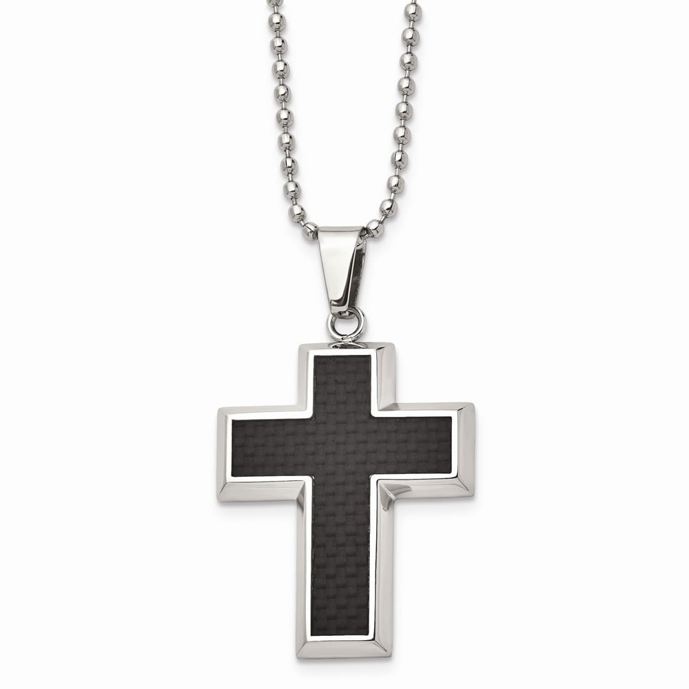 Solid Stainless Steel Men's Carbon Fiber Inlay Cross 22in Pendant
