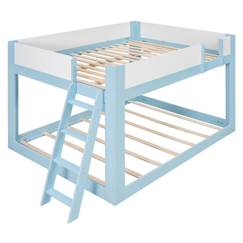 Queen-Over-Queen Low-Profile Bunk Bed with Guardrails, Wooden Kids Bed with Reversible Ladder, Accent Two-Tone Bed Frame