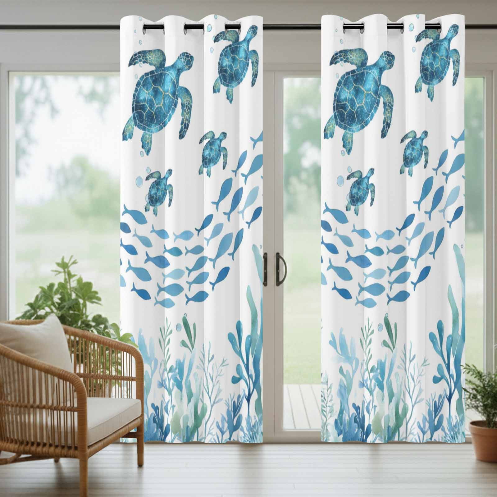 Sea Turtle Outdoor Curtains for Patio, Watercolor Ocean Blue Turtle Fish Seaweed Sunshade Privacy Drapes Grommet Waterproof Outside Curtains for Porch/Cabana/Balcony 54"x 95", 2 Panel