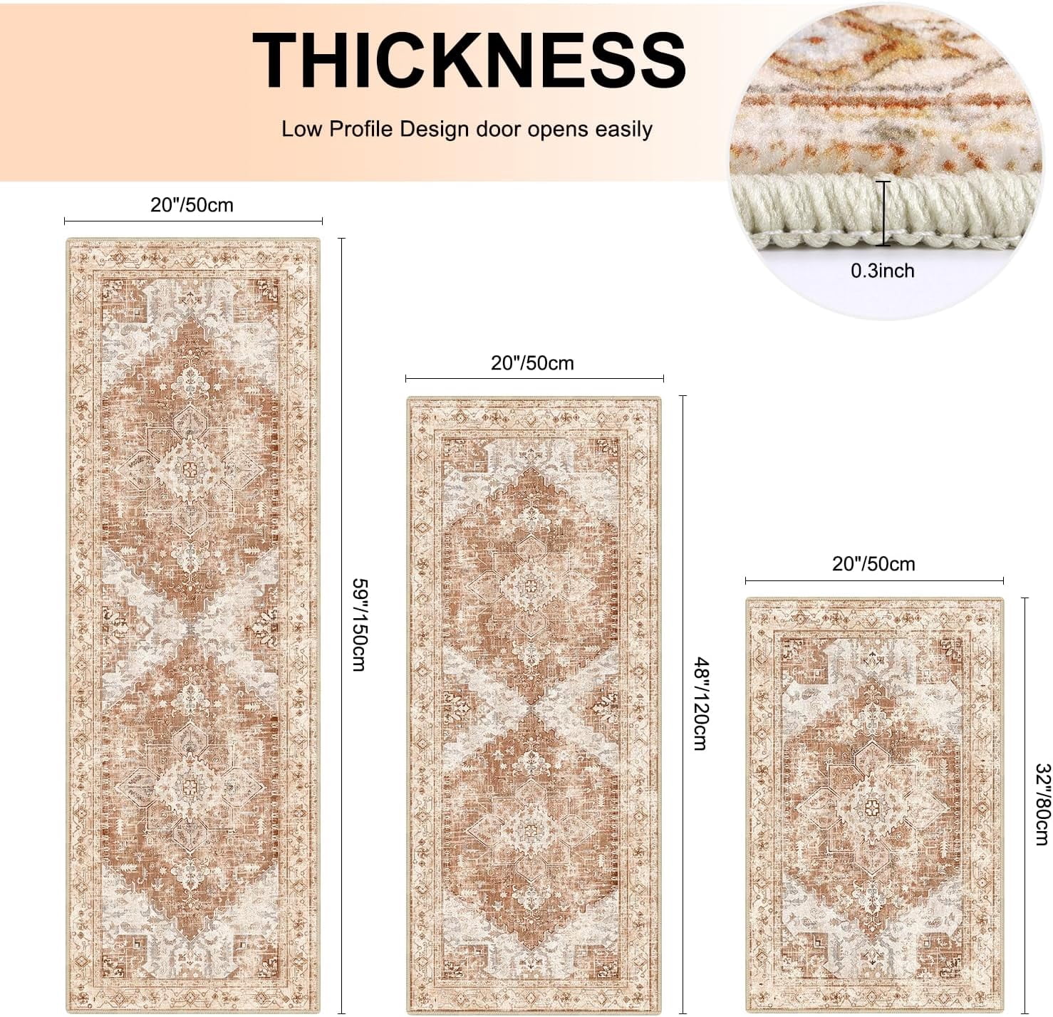 Boho Washable Kitchen Rugs Sets of 3, Non Slip Kitchen Mats for Floor with Rubber Backing, Waterproof & Stain Resistant Thick Carpet Runner Throw Rugs for Kitchen, Laundry Room, Hallway