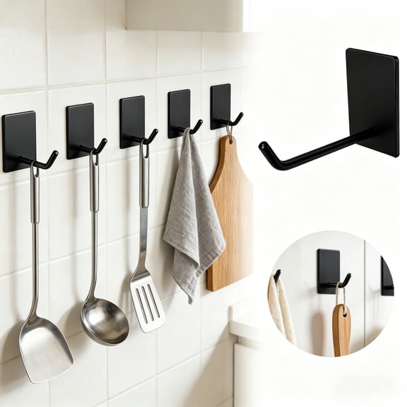 Adhesive Wall Hooks No Drill Kitchen Hooks, Heavy Duty Strong Hold Metal Material Waterproof Wall Mount Hanging Hooks for Hallway,Bathroom &Kitchen,(3.5 Inch,Black)