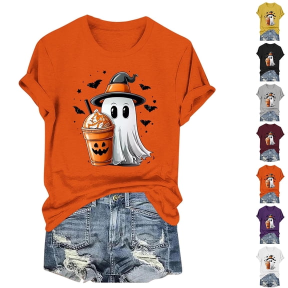 Wiyuqeen Halloween Shirts for Women Pumpkin Ghosts Short Sleeve Tops Thanksgiving Shirts Loose Fit T-shirts Casual Pumpkin Graphic Tees Crew Neck Festive Daily Wear