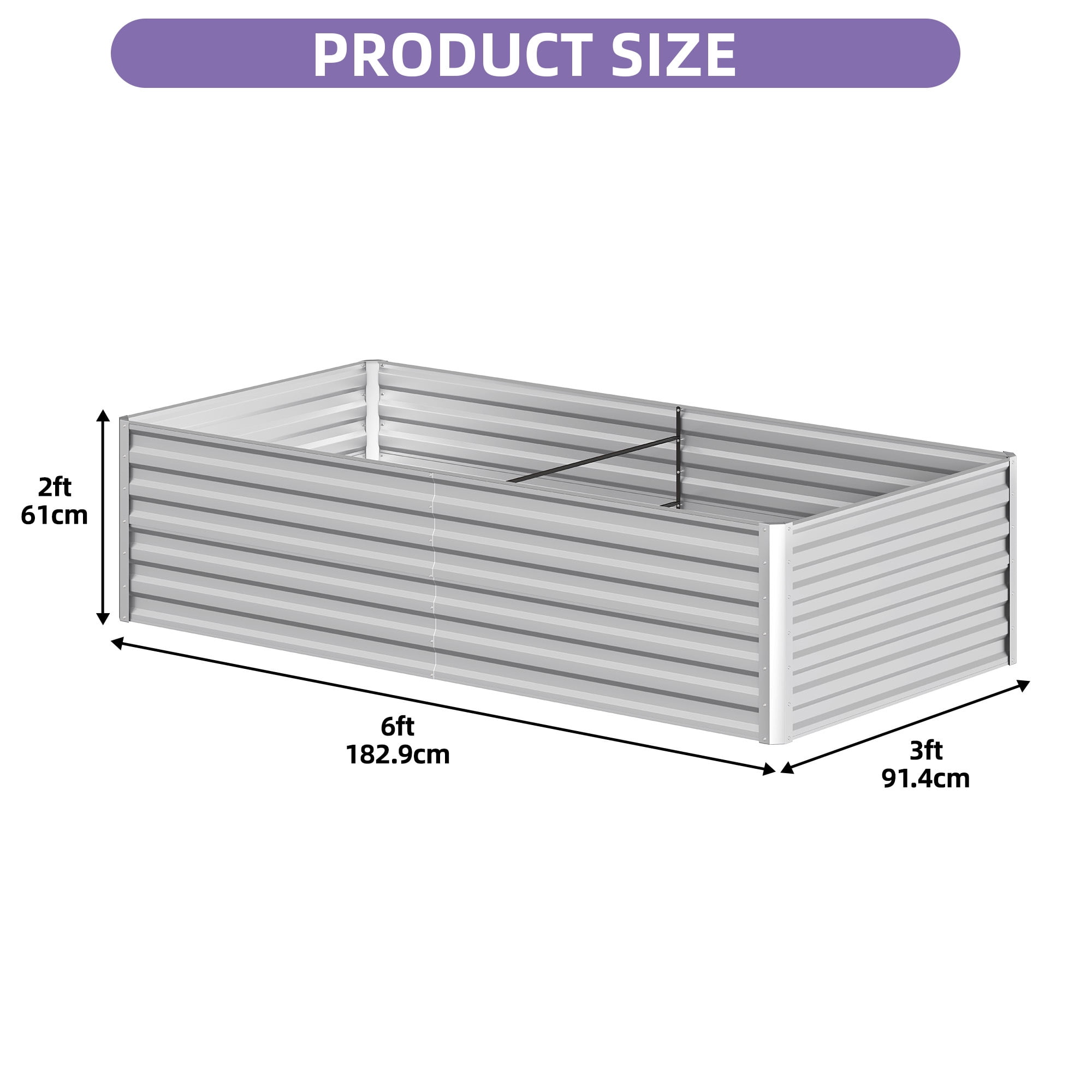 Uforic 6X3X2FT 1 Pack Galvanized Metal Raised Garden Bed Kit with Gardening Gloves & Support Rod, Outdoor Above Ground Planter Box for Plants Vegetables Flowers, Silver