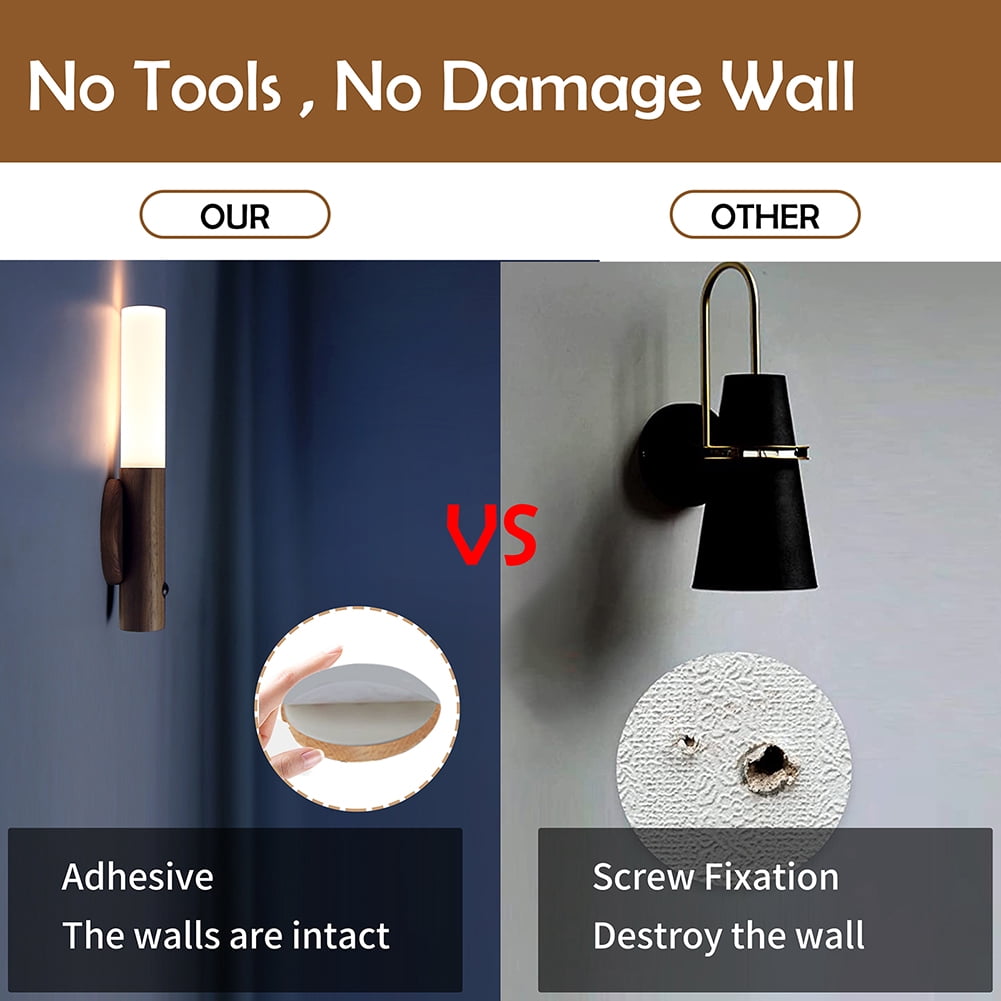 LANDGOO Auto PIR Motion Sensor Night Light LED Magnetic Wall Light Rechargeable Intelligent Wood Wall Kitchen Cabinet Wardrobe Lamp (White Ash Wood)