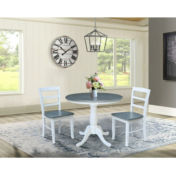 International Concepts 36" Round Solid Wood Pedestal Dining Table with 2 Madrid Ladder Back Chairs in White/Heather Gray
