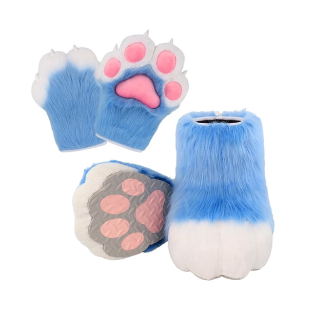 Zapatos de garra de gato con patas de animal para cosplay, pantuflas peludas para mujer, botas peludas para rol Azul