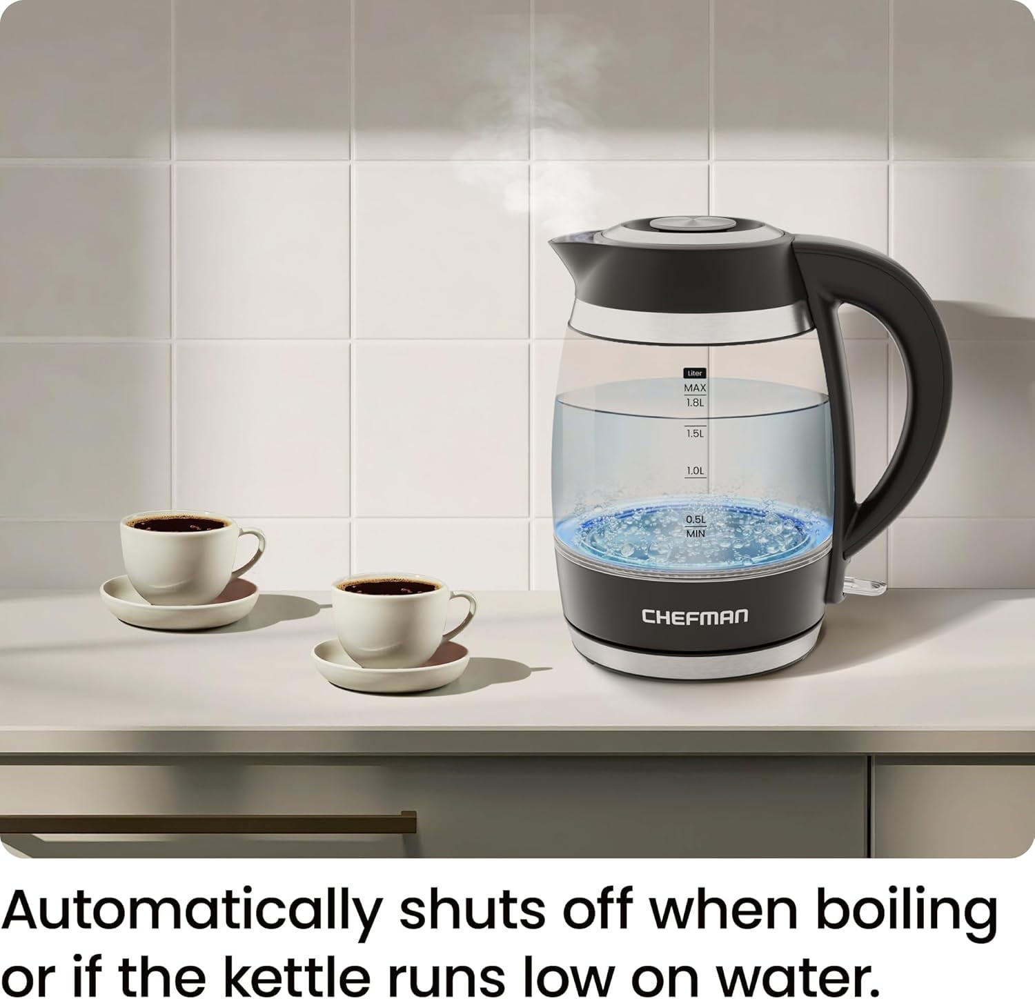 Chefman Rapid-Boil 1.8L Electric Kettle w/ Removable Lid and LED Indicator Lights - Black