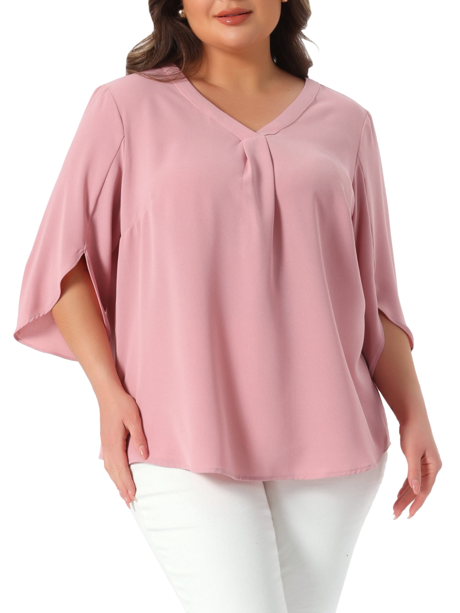DARING DIVA Women's Plus Spring Tops V Neck Chiffon Work Dressy Casual Shirt 2X Pink