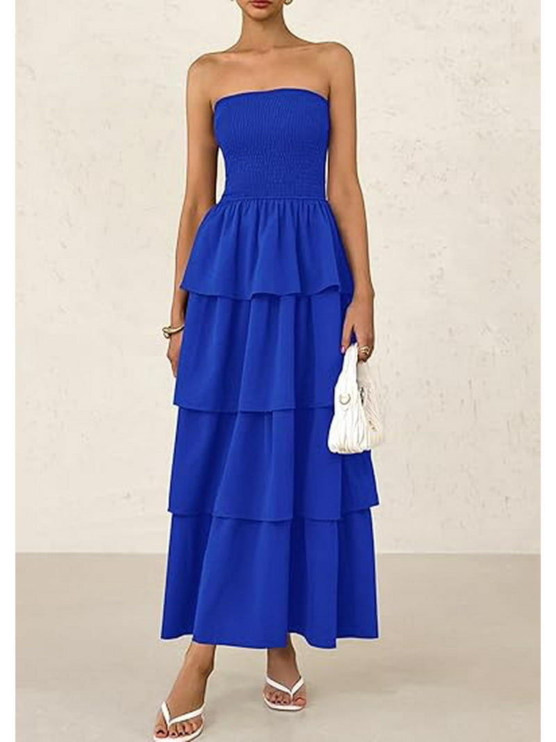 PRETTYGARDEN Women's Maxi Dress Summer Off Shoulder Smocked Tiered Ruffle  Long Flowy Dresses Casual Beach Sundress