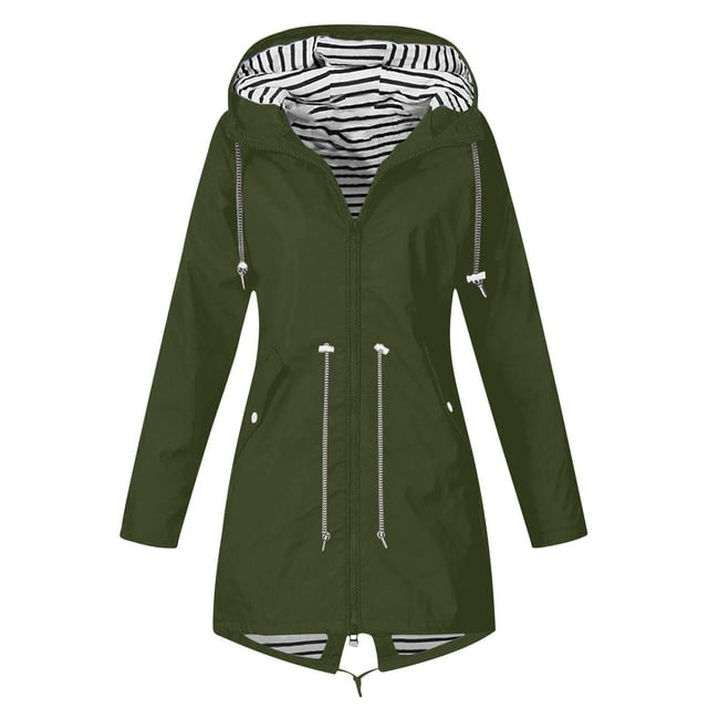 LMKIHUSA Imperméable pour Femmes Manteau de Pluie Rayé Doublé à Capuche Légère pour Randonnée en Plein Air 2025 Vert Armée,m
