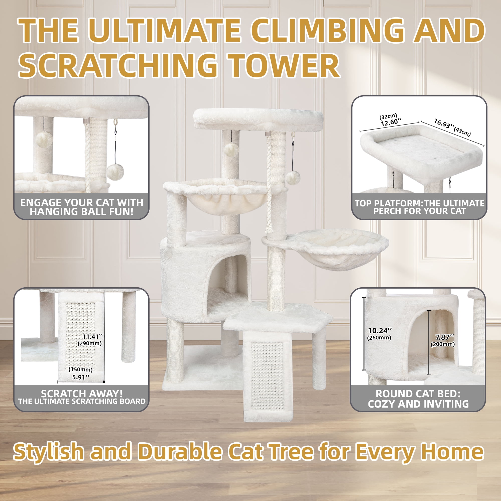 AIWIKIDE Cat Tree Cat Tower with Cat Scratching Posts,Activity Centre Climbing Tree Cat Furniture with Cat Condo and Two Hammocks,Beige