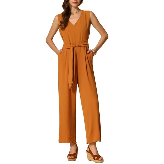 INSPIRE CHIC Wide Leg Jumpsuit for Women's V Neck Casual Sleeveless Romper S Orange