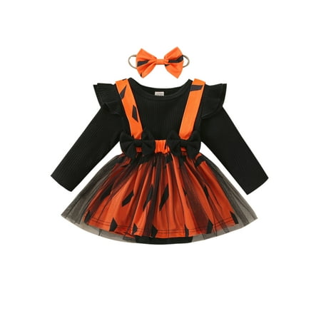 

Bagilaanoe Newborn Baby Girl Halloween Romper Dress 0-24 Months Pumpkin Print Long Sleeve Patchwork Bodysuit with Skirt Hem+ Headband