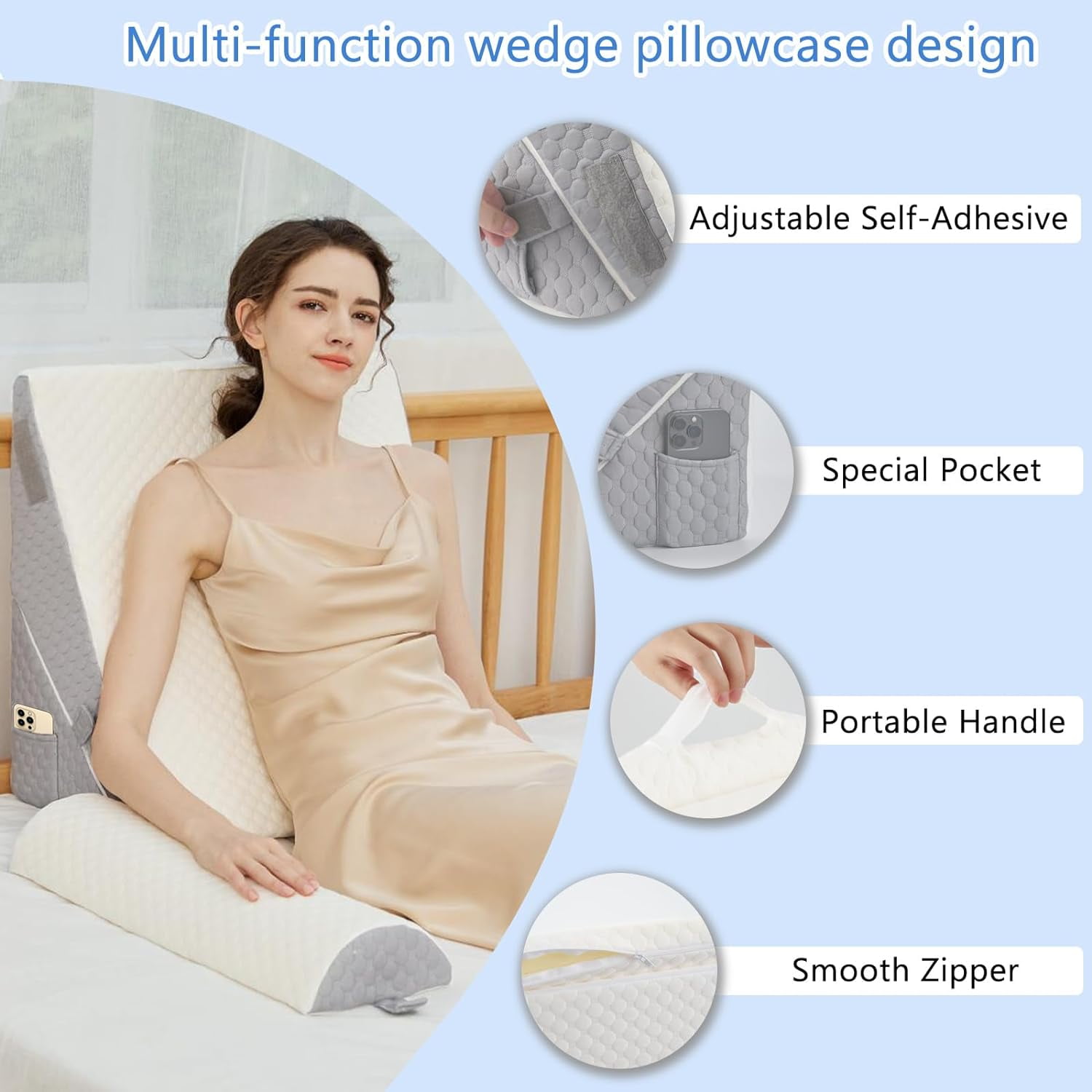 NOSTHEART Bed Wedge Pillow for Sleeping, Memory Foam Wedge Pillow Set for Post Surgery 12 Inch Adjustable Triangle Pillow Wedge with Washable Cover for Legs, Back Pain, Snoring, Alleviate Acid Reflux