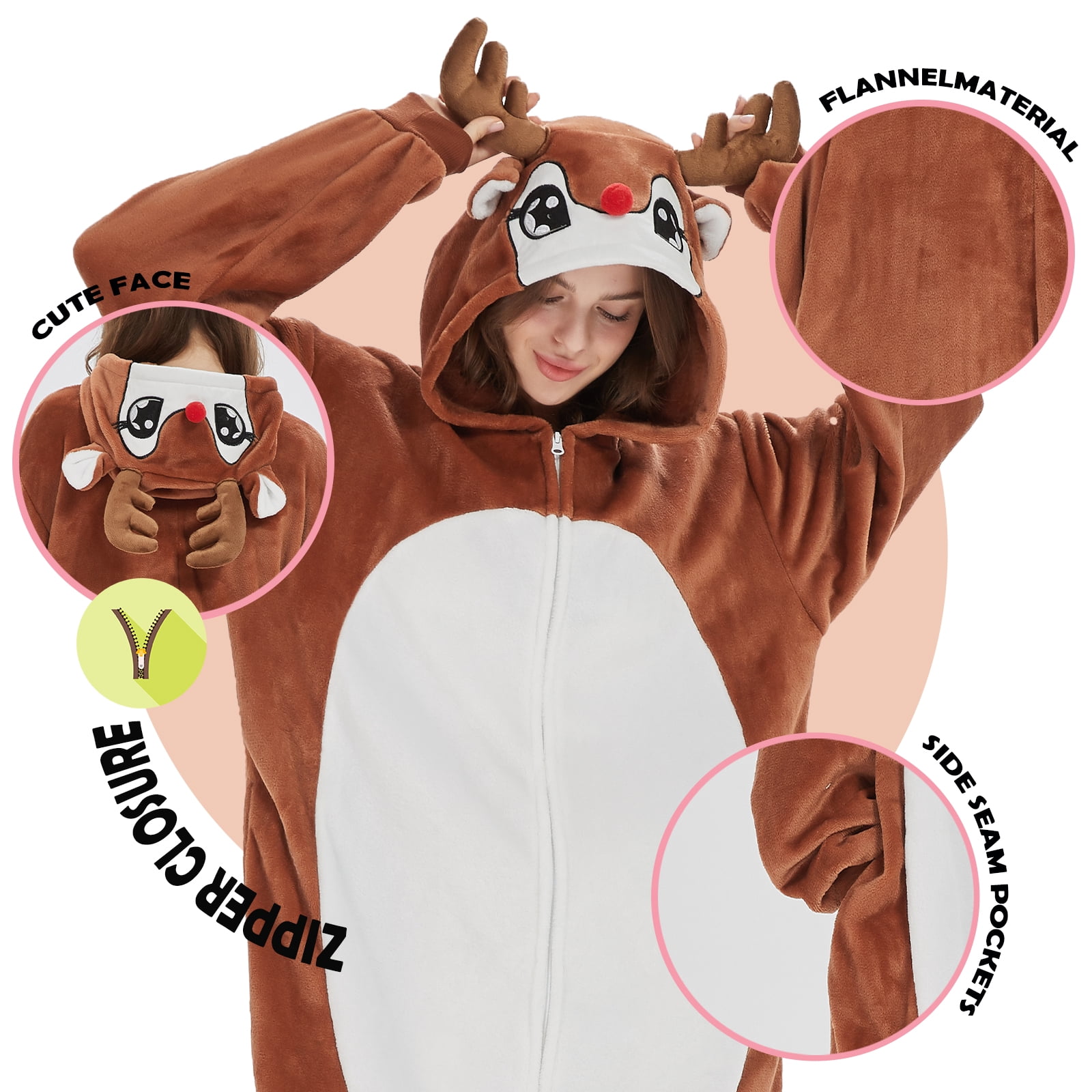 SWEETXIN Adult Christmas Reindeer Unisex Onesie Pajamas Halloween Cosplay Costume Suit for Women and Men SizeXL